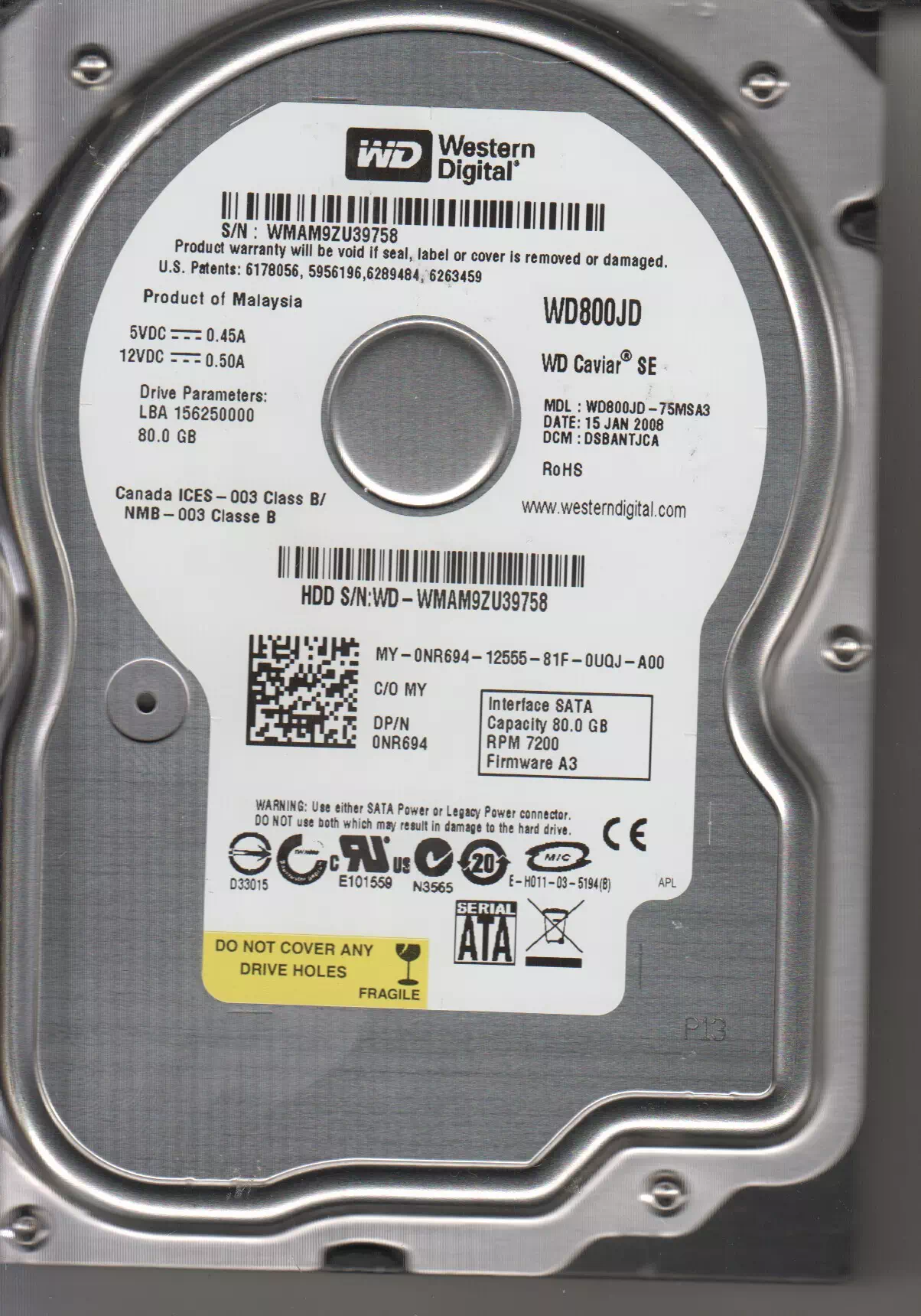 WD800JD-55MSA1 WESTERN DIGITAL 80GB 7200prm 3.5インチ SATA Western Digital Caviar WD800JD 80GB 7200RPM 8MB Cache SATA