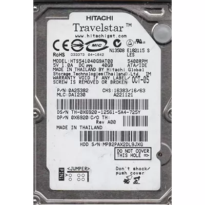 Hitachi 40GB 2.5inch IDE 5.4k Hard Drive 0A25382