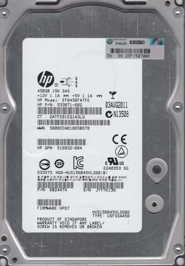 HP 450GB 15K RPM 6G 3.5 Inch SAS HDD - Model 583717-001, Part