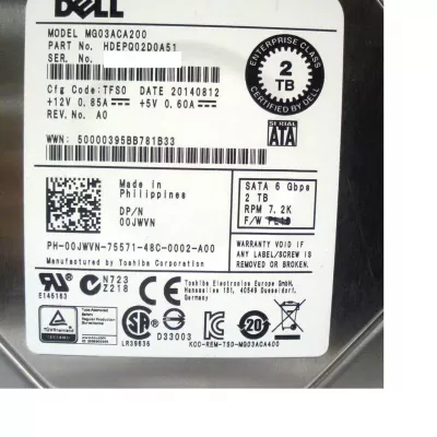 Dell 2TB 7.2K RPM SATA 6Gbps Hard Disk 00JWVN