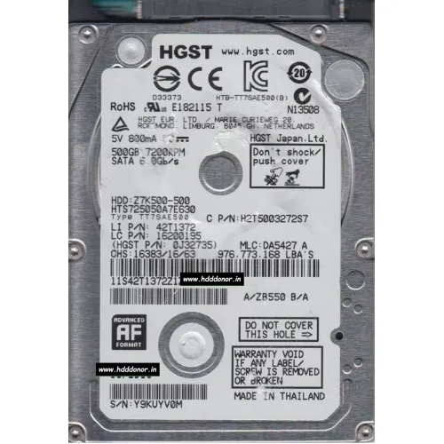 Hitachi HTS725050A7E630 500GB 2.5inch 7.2K RPM 6Gbps SATA Hard Disk 0J32735
