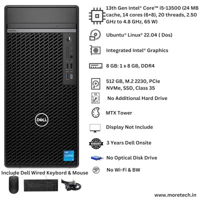 Dell OptiPlex 7010 Mini Tower (MT)-Intel Core i5 12th Gen | 8 GB DDR4 | 512 GB HDD+256 GB SSD | Dos | 3 Years Dell Onsite Warranty | Wi-Fi Inbuilt | Monitor Dell OptiPlex 7010 Mini Tower (MT)-Intel Core i5 12th Gen | 8 GB DDR4 | 512 GB HDD+256 GB SSD | Dos | 3 Years Dell Onsite Warranty | Wi-Fi Inbuilt | Monitor